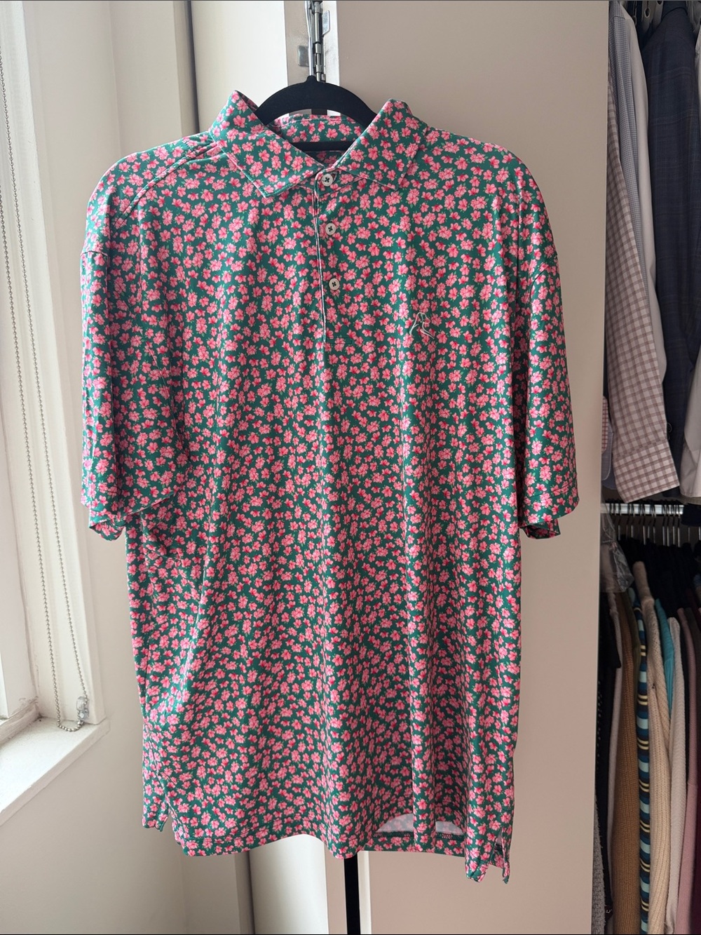 Men's Green Polo Shirt with Pink Floral Print - Rhoback Azalea collection